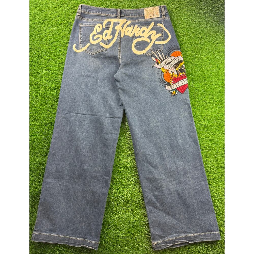 Ed Hardy Brave Hearts Eagle Wide Leg Denim Jeans W34 Y2K VTG Embroidered Graphic